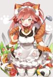  :d animal_ear_fluff animal_ears apron bad_id bad_pixiv_id bangs bell black_dress blush breasts brown_eyes commentary dress fangs fate/extra fate/grand_order fate_(series) food fox_ears fox_girl fox_tail gloves grey_background hair_between_eyes hands_up hasegawa_(rarairairai) highres holding jingle_bell kitchen_knife ladle lettuce long_hair looking_at_viewer maid_apron medium_breasts onigiri open_mouth paw_gloves paws pink_hair ponytail puffy_short_sleeves puffy_sleeves red_collar short_sleeves simple_background smile solo tail tako-san_wiener tamamo_(fate)_(all) tamamo_cat_(fate) thighhighs tomato white_apron white_legwear 