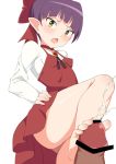  1girl bar_censor barefoot bow breasts censored choker cum dress ejaculation fang feet female footjob gegege_no_kitarou green_eyes hair_bow hand_on_hip long_sleeves looking_down nekomusume_(gegege_no_kitarou_6) open_mouth penis pointy_ears pov purple_hair red_dress shiny shiny_skin simple_background small_breasts solo_focus toes toshishikisai upskirt v-shaped_eyebrows white_background white_sleeves 