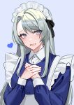  1girl akagi_kurage alternate_costume apron blue_background blue_dress dress enmaided grey_eyes grey_hair hands_on_own_chest heart highres kantai_collection long_hair maid maid_headdress sagiri_(kancolle) smile solo upper_body white_apron 