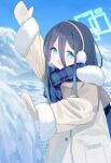  1girl :d aqua_eyes aqua_halo aris_(blue_archive) aris_(winter)_(blue_archive) arm_up black_hair blue_archive blue_scarf blue_sky blush breath brown_coat brown_mittens buttons coat commentary day double-parted_bangs earmuffs fur-trimmed_coat fur-trimmed_sleeves fur_trim hair_between_eyes halo highres hood hood_down hooded_coat long_bangs long_hair long_hair_between_eyes long_sidelocks long_sleeves looking_at_viewer mittens multicolored_scarf official_alternate_costume open_mouth outdoors plaid_clothes plaid_scarf pocket rectangular_halo ringed_eyes scarf sidelocks sky smile snow snowball solo suchiimu symbol-only_commentary teeth upper_body upper_teeth_only wide_sleeves winter winter_clothes winter_coat 