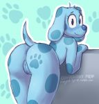 2018 anthro anus blue&#039;s_clues blue_(blue&#039;s_clues) blue_nose butt canine digital_media_(artwork) dog female hi_res looking_at_viewer mammal maypul_syrup nude peach_pussy pussy smile solo 