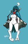  2017 absurd_res anthro anthrofied archer avian beak biped blue_background bow_(weapon) breasts colored_sketch decidueye digital_media_(artwork) dirtyscoundrel feathers featureless_crotch female grey_nipples hi_res holding_bow holding_object holding_weapon looking_at_viewer medium_breasts mostly_nude navel nintendo nipples pok&eacute;mon pok&eacute;mon_(species) quiver ranged_weapon red_eyes signature simple_background sketch solo talons video_games weapon white_breasts white_feathers 