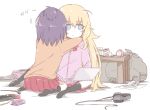  alarm_clock bafarin black_legwear blonde_hair blue_eyes can cardigan clock computer empty_eyes facing_away from_behind gabriel_dropout hand_on_another's_head headphones hood hoodie hug jitome kneehighs laptop long_hair looking_away messy_room multiple_girls nintendo_switch no_shoes pink_hoodie pleated_skirt purple_hair red_skirt school_uniform skirt soda_can tenma_gabriel_white tissue_box trash_bag tsukinose_vignette_april used_tissue very_long_hair yuri 