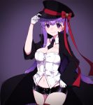  &gt;:) bb_(fate)_(all) bb_(fate/extra_ccc) black_coat black_hat black_neckwear black_shorts blush bow breasts cleavage closed_mouth coat cowboy_shot detached_collar fate/extra fate/extra_ccc fate_(series) gloves gradient gradient_background hand_on_headwear hat hat_bow highres long_hair looking_at_viewer medium_breasts mini_necktie navel necktie open_clothes open_coat peaked_cap purple_background purple_eyes purple_hair red_bow shiny shiny_hair short_shorts shorts smile solo standing straight_hair strapless takae_(poupee_en_biscuit) tareme v-shaped_eyebrows very_long_hair white_gloves 