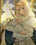  1boy absurdres androgynous blanca_(fate) bug cloak cowboy_shot crown fate/grand_order fate_(series) fur-trimmed_cloak fur_trim highres medium_hair minako_larima moth oberon_(fate) oversized_bug smile solo white_hair 