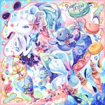  bubble cameo closed_mouth coco7 commentary_request corsola creature ditto ditto_(cameo) gen_1_pokemon gen_2_pokemon gen_7_pokemon hair_ribbon happy horsea no_humans pokemon pokemon_(creature) popplio primarina ribbon seal smile sparkle swimming underwater 