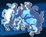  1other alolan_ninetales animal_ears blue_background blue_border blue_claws blue_eyes blue_fur blue_gemstone blue_hair border claws fox_ears full_body furry fusion gem gradient_hair grin highres hisuian_zoroark looking_at_viewer multicolored_hair neck_fur ouroborotter pokemon pokemon_(creature) pokemon_focus sharp_teeth simple_background smile snout solo standing teeth white_fur white_hair yellow_pupils 