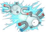  closed_mouth creature ditto electricity floating full_body gen_1_pokemon highres magnemite matsubara_hideyoshi no_humans one-eyed pokemon pokemon_(creature) screw simple_background smile transformed_ditto white_background 