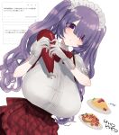 1girl absurdres apron blush bottle bow bowtie breasts commentary_request cowboy_shot dutch_angle eurasia_(wtp09ptw14) food francoise_(eurasia) gloves hair_over_one_eye heart highres holding holding_bottle huge_breasts ketchup ketchup_bottle long_hair looking_at_viewer maid maid_headdress omelet omurice original parted_bangs parted_lips plate puffy_short_sleeves puffy_sleeves purple_eyes purple_hair red_apron red_bow red_bowtie red_skirt request_inset shirt short_sleeves simple_background skirt solo twintails waist_apron white_background white_gloves white_shirt 