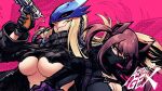  2girls artist_name arzergex black_bodysuit black_coat black_mask blonde_hair blue_mask bodysuit breasts brown_hair cleavage coat digimon digimon_(creature) digimon_story:_time_stranger eye_mask eyelashes finger_on_trigger gun highres holding holding_gun holding_weapon large_breasts long_hair mask mouth_mask multiple_girls purple_background shiroki_asuna third_eye twintails underboob upper_body weapon 