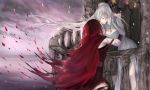  10juu 2girls belt breasts cape cleavage dusk eyes_closed flower imminent_kiss long_hair multiple_girls petals red_hair rose ruby_(vocaloid) rwby sleeves_past_wrists speedpaint thighhighs thighs torn_cape torn_clothes torn_thighhighs tower weiss_schnee white_hair 