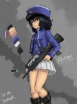  andou_(girls_und_panzer) artist_name assault_rifle bangs bc_freedom_(emblem) bc_freedom_military_uniform black_footwear black_hair blue_hat blue_jacket blue_vest blurry boots brown_eyes bullpup closed_mouth color_guide commentary dark_skin dated dress_shirt emblem famas french_flag frown girls_und_panzer grey_background gun hat high_collar highres holding holding_gun holding_weapon jacket knee_boots long_sleeves looking_at_viewer medium_hair military military_hat military_uniform miniskirt pleated_skirt rifle shako_cap shirt signature skirt solo standing tacch uniform vest weapon white_shirt white_skirt 