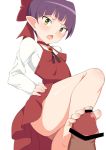  1girl bar_censor barefoot bow breasts censored choker dress fang feet female footjob gegege_no_kitarou green_eyes hair_bow hand_on_hip long_sleeves looking_down nekomusume_(gegege_no_kitarou_6) open_mouth penis pointy_ears pov purple_hair red_dress shiny shiny_skin simple_background small_breasts solo_focus toes toshishikisai upskirt v-shaped_eyebrows white_background white_sleeves 