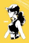  artist_name bare_shoulders baseball_cap belt black_hair character_name cropped_arms cropped_torso dragon_ball dragon_ball_(classic) earbuds earphones hat highres long_hair lunch_(dragon_ball) midriff ponytail protected_link shirt sidelocks solo tama_azusa_hatsu tied_shirt yellow_background 
