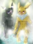  2018 absurd_res akino-kamihara anthro anthrofied blush convenient_censorship duo eeveelution hi_res jolteon looking_at_viewer male muscular muscular_male navel nintendo nude pok&eacute;mon pok&eacute;mon_(species) signature umbreon video_games 