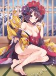  ass bare_legs bare_shoulders barefoot black_kimono blue_eyes blush breasts checkered cleavage closed_mouth collarbone eyebrows_visible_through_hair fate/grand_order fate_(series) flower full_body hair_flower hair_ornament hair_stick hairpin hand_up highres indoors japanese_clothes katsushika_hokusai_(fate/grand_order) kimono kimono_pull large_breasts long_sleeves looking_at_viewer masayo_(gin_no_ame) mountain naked_kimono no_panties obi off_shoulder on_floor sash shiny shiny_hair smile solo tareme tatami wide_sleeves window 