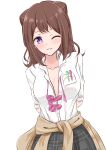  1girl absurdres arms_behind_back bang_dream! bow bowtie breasts brown_hair checkered_bow checkered_bowtie checkered_clothes checkered_skirt cleavage clothes_around_waist commentary dress_shirt hair_bun hair_ornament highres jacket jacket_around_waist loose_bowtie mussu_(chilachika_mm) object_in_pocket one_eye_closed partially_unbuttoned pen_in_pocket pink_bow pink_bowtie pocket purple_eyes shirt shirt_tucked_in skirt star_(symbol) star_hair_ornament toyama_kasumi white_background white_shirt 