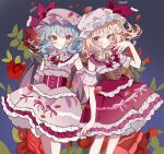  blonde_hair blue_hair dress flandre_scarlet frilled_dress frills hat highres holding_hands matching_outfits petals red_eyes remilia_scarlet ribbon rose_petals siblings sisters smile tamagogayu1998 touhou wings 