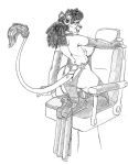 2018 anthro armwear big_breasts boots breasts butt chair clothed clothing collar dreadlocks dress ear_piercing elbow_gloves feline female fingerless_gloves footwear gloves greyscale kneeling legwear lion mammal monochrome piercing rear_view rubber side_boob simple_background sketch skimpy solo tail_ring tail_tuft thigh_highs tuft wolfkidd 