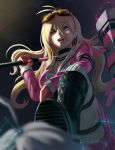  absurdres antenna_hair barbed_wire blonde_hair blue_eyes boots breasts choker commentary danganronpa goggles goggles_on_head highres huge_weapon iruma_miu jacky_lau long_hair looking_at_viewer looking_down making_of mallet medium_breasts new_danganronpa_v3 out_of_frame over_shoulder pink_skirt raised_eyebrow revision school_uniform serafuku skirt solo_focus spikes stepped_on weapon weapon_over_shoulder 