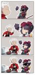  1boy 1girl 4koma anger_vein archer asaya_minoru bangs black_hair comic commentary eyebrows_visible_through_hair fate/grand_order fate/stay_night fate_(series) flower frying_pan hair_flower hair_ornament in_the_face ink japanese_clothes katsushika_hokusai_(fate/grand_order) octopus open_mouth paintbrush pointing pot short_hair short_sleeves silent_comic stove tan_background tokitarou_(fate/grand_order) twitter_username white_hair 