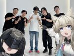  +_+ 2girls 5boys :o animal_ears arknights arknights:_endfield bird_ears bird_girl black_hair black_pants black_shirt blonde_hair blue_eyes blue_pants character_request commentary denim double_thumbs_up double_v dress endministrator_(arknights) eye_mask female_endministrator_(arknights) glasses highres jacket jeans kojima_hideo long_hair long_sleeves lowlight_kirilenko_(character) meme multiple_boys multiple_girls open_clothes open_jacket open_mouth pants perlica_(arknights) photo_background pointing pointing_at_another puffy_long_sleeves puffy_sleeves real_life shirt short_hair sleeveless sleeveless_dress symbol-only_commentary t-shirt thumbs_up two_soyjaks_pointing_(meme) v white_dress white_jacket white_shirt zobnuy 