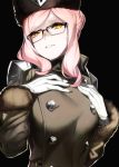  92m breasts commentary_request fate/grand_order fate_(series) glasses gloves hat koyanskaya large_breasts long_hair looking_at_viewer pink_hair smile solo very_long_hair white_gloves yellow_eyes 