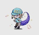  1boy argyle_clothes argyle_sweater black_boots blonde_hair blue_eyes blue_helmet blue_sweater boots chibi closed_mouth commentary diego_brando dinosaur dinosaur_tail doodle_inset full_body gloves grey_gloves grey_pants helmet iga_itai44 jodhpurs jojo_no_kimyou_na_bouken long_sleeves male_focus medium_hair pants paw_pose paw_print slit_pupils solo spurs stand_(jojo) star_(symbol) steel_ball_run sweater symbol-only_commentary tail turtleneck turtleneck_sweater white_background 