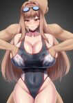  1boy 1girl absurdres bald black_choker black_one-piece_swimsuit blush breasts brown_hair choker cleavage competition_swimsuit covered_navel emp_(denjipgre) faceless faceless_male goddess_of_victory:_nikke goggles goggles_on_head grabbing_another's_breast grabbing_from_behind groping hand_under_clothes hand_under_swimsuit highleg highleg_one-piece_swimsuit highres huge_breasts long_hair one-piece_swimsuit rapi_(classic_vacation)_(nikke) rapi_(nikke) red_eyes swimsuit thighs two-tone_swimsuit 