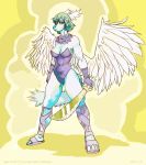  anthro clothed clothing dragon feathered_wings feathers female fur furred_dragon hair leotard looking_at_viewer machete melee_weapon robakusa simple_background solo standing thick_thighs weapon wings 