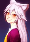  absurdres animal_ears blush character_name copyright_name highres long_hair looking_at_viewer murenase!_shiiton_gakuen okami_ranka orange_eyes parted_lips pavarit_songsomboon smile solo teeth white_hair wolf_ears 