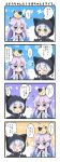 /\/\/\ 0_0 2girls 4koma :&lt; :3 :d ? animal animal_hood animal_on_head bangs beamed_sixteenth_notes black_hoodie black_neckwear blue_eyes blue_hair blush breasts cat cat_hood cat_on_head chibi closed_mouth collared_shirt comic commentary directional_arrow eighth_note eyebrows_visible_through_hair fang fuyou-chan gradient_hair hair_between_eyes highres hood hood_up looking_at_viewer medium_breasts milkpanda multicolored_hair multiple_girls musical_note necktie nerine-chan on_head open_mouth original parted_lips purple_hair shirt smile star sweat translation_request triangle_mouth white_shirt yellow_eyes 