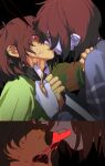  2others biting black_background brown_hair colored_skin deltarune forced_kiss green_shirt grey_shirt grey_skin hand_on_another's_neck highres holding holding_knife kiss knife kris_(deltarune) lantern_madoyoi medium_hair multiple_others open_mouth red_eyes shirt simple_background soul_(deltarune) striped_clothes striped_shirt striped_sweater sweat sweater utdr_(toby_fox) vessel_(deltarune) 