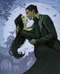  1boy 1girl addams_family bird black_dress black_nails commentary couple dress english_commentary facial_hair fingernails gomez_addams highres hug long_dress long_fingernails long_sleeves moon morticia_addams mustache profile red_lips short_hair signature smile tasiams 