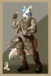  anthro camo canine clothed clothing d.angelo fingerless_gloves gloves gun male mammal ranged_weapon rifle simple_background solo standing weapon 