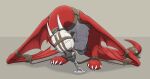2025 2_horns 4_toes ankle_cuffs arms_tied bdsm bent_down blindfold bondage bound chained_to_floor chastity_belt chastity_device claws cuff_(restraint) curved_horn digitigrade dragon feet feral hi_res horn hueroc kemira lock male metal_chastity_belt monotone_body monotone_horn monotone_scales muzzle_(object) muzzled mythological_creature mythological_scalie mythology padlock padlocked_collar red_body red_scales restraints scales scalie sensory_deprivation_hood sharp_horn signature simple_background smooth_horn solo straitjacket tail tail_cuff tail_tied tan_background tied_to_floor toes white_claws white_horn wing_cuffs wings_tied