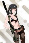  1girl absurdres belt bikini black_bikini black_choker black_hair breasts choker collarbone cosplay cowboy_shot explosive gloves grenade grey_eyes gun halloween_costume highres holster metal_gear_(series) metal_gear_solid metal_gear_solid_v:_the_phantom_pain otokakoto pantyhose parted_lips pokemon pokemon_sm ponytail quiet_(metal_gear) quiet_(metal_gear)_(cosplay) rifle scope selene_(pokemon) short_ponytail sidelocks small_breasts sniper_rifle solo swimsuit thigh_holster torn_clothes torn_pantyhose weapon weapon_on_back 