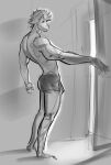 anthro appliance bulge clothed clothing fridge hair hi_res horn kitchen_appliance looking_at_viewer male muscular muscular_anthro muscular_male open_fridge purplebirdman shorts_only solo topless