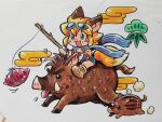  1girl animal_ears baby_animal blonde_hair blue_eyes blue_gloves blue_scarf blue_shorts boar boots brown_boots carrot_on_stick chibi chinese_zodiac cloud commentary crime_crackers fang fingerless_gloves food food_on_face fox_ears fox_girl fox_tail gloves goggles goggles_on_head highres holding holding_food holding_stick kokomahi leaza_(crime_crackers) open_mouth orange_clouds piglet riding riding_animal roasted_sweet_potato running scarf short_hair shorts smile solo stick string sweet_potato tail tongue tongue_out year_of_the_pig 