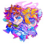  2boys aqua_eyes battle_tendency blonde_hair blue_eyes blue_gloves blue_jacket blue_pants blue_shoes brown_gloves brown_hair caesar_anthonio_zeppeli chibi chibi_only facial_mark feathers fingerless_gloves gloves green_scarf grey_shirt grin hair_ornament head_wings headband highres hydrokinesis jacket jojo_no_kimyou_na_bouken joseph_joestar joseph_joestar_(young) knee_pads male_focus multiple_boys pants pink_scarf popped_collar purple_headband scarf shirt shoes short_hair simple_background smile striped_clothes striped_scarf triangle_print uu0000322 water white_background white_pants wing_hair_ornament wings yellow_scarf 