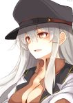 1girl breasts eyebrows_visible_through_hair facial_scar gangut_(kantai_collection) grey_hair hair_between_eyes hat highres jacket_on_shoulders kantai_collection large_breasts military military_hat military_jacket military_uniform naval_uniform peaked_cap red_eyes red_shirt scar scar_on_cheek shirt simple_background solo uniform white_background 