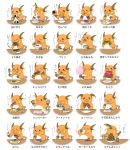  bowl commentary_request creature dorairo drinking eating food food_request fruit gen_1_pokemon highres holding holding_bowl holding_food holding_fruit licking multiple_views no_humans noodles onigiri plate pokemon pokemon_(creature) pudding raichu ramen senbei simple_background sitting sushi table translation_request upper_body watermelon white_background 
