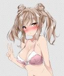  bare_shoulders blush bra breasts brown_hair cevio cleavage commentary_request looking_at_viewer medium_breasts pink_bra satou_sasara seiko_(honestya) twintails underwear v 