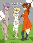  2018 anthro barefoot black_fur black_nose blonde_hair blush braided_hair breasts brown_eyes brown_fur brown_hair brown_nose butt canine casual_nudity cat collar collar_tag covering covering_breasts covering_crotch covering_self delisle dialogue english_text eyebrows eyelashes eyewear feline female fennec fluffy fluffy_tail fox frown fur glasses gloves_(marking) grass green_eyes grey_fur group hair holding_object long_hair mammal markings multicolored_fur naked_glasses nipples nude open_mouth orange_fur paws penny_fenmore pink_nose pink_tongue purple_eyes purple_hair sign signature slim social_nudity socks_(marking) standing tan_fur text tongue white_belly white_fur 
