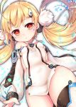  :o ahoge azur_lane bare_shoulders blonde_hair breasts commentary_request covered_navel cowboy_shot detached_sleeves dutch_angle eldridge_(azur_lane) facial_mark fur_trim hair_ornament hairclip highres looking_at_viewer low_twintails orange_eyes puffy_sleeves side_cutout sideboob small_breasts solo square thick_thighs thighhighs thighs twintails umishima_rinta 