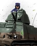  andou_(girls_und_panzer) bangs bc_freedom_(emblem) bc_freedom_military_uniform black_hair blue_hat blue_jacket blue_vest brown_eyes closed_mouth commentary_request dark_skin dress_shirt emblem girls_und_panzer ground_vehicle hat high_collar jacket leaf light_frown long_sleeves looking_at_viewer medium_hair military military_hat military_uniform military_vehicle motor_vehicle s35 shako_cap shirt solo spade_(shape) tank uniform vest white_background white_shirt wind yaruku 