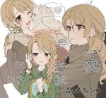  1girl ;d aged_up averting_eyes bespectacled book braid brown_hair character_age character_name dog driving earrings glasses green_shirt half_up_braid highres holding holding_book idolmaster idolmaster_cinderella_girls jewelry long_hair looking_ahead looking_at_animal morikubo_nono multiple_views one_eye_closed over-rim_eyewear ring seatbelt semi-rimless_eyewear shirt shisui_(5830217) simple_background smile steering_wheel stud_earrings tucking_hair watermark white_background white_dog 