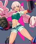  abs bike_shorts bike_shorts_under_shorts gauntlets heybot! long_hair muscle muscular_female naguri_(heybot!) pink_hair ponzu_(beetle_burner) prehensile_hair short_shorts shorts solo very_long_hair white_bike_shorts 