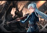  amestris_military_uniform anonamos blue_eyes commentary cosplay crossover fullmetal_alchemist gun long_hair rifle riza_hawkeye riza_hawkeye_(cosplay) rwby scar scar_across_eye sniper_rifle solo war weapon weiss_schnee white_hair 