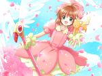  :d blue_sky brown_hair cardcaptor_sakura day dress fuuin_no_tsue gloves green_eyes hat kero kinomoto_sakura maekawa_suu magical_girl open_mouth outstretched_hand petals sky smile wand white_gloves wings 